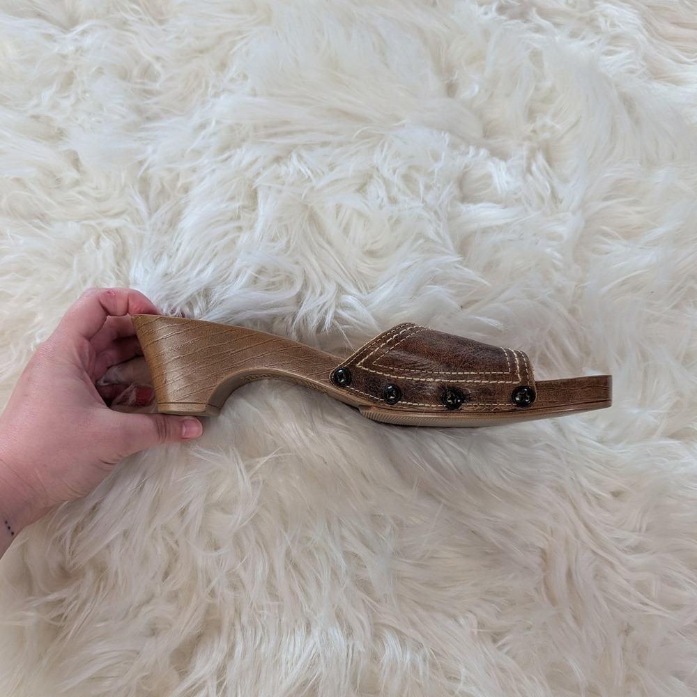 Y2K Cottagecore Montego Bay Club Brown Leather Wood Wedge Slide Sandals Size 8
